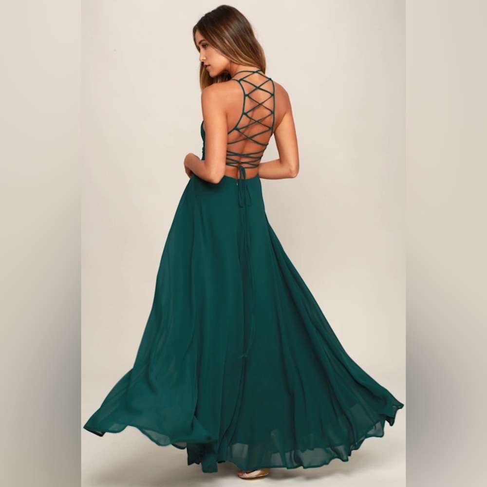 Lulu’s Strappy To Be Here Forest Green Lace-Up Maxi dress BNWT